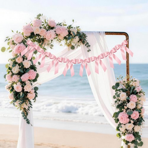 1-String Pink Bow Garland Banner, 8 Pre-Strung Double-Layer Ear Satin Ribbon Bows, Valentines Day Decor for Baby Shower Bridal, Birthday Wedding Party, Reusable Girls Coquette Room Wall Mantel Decor