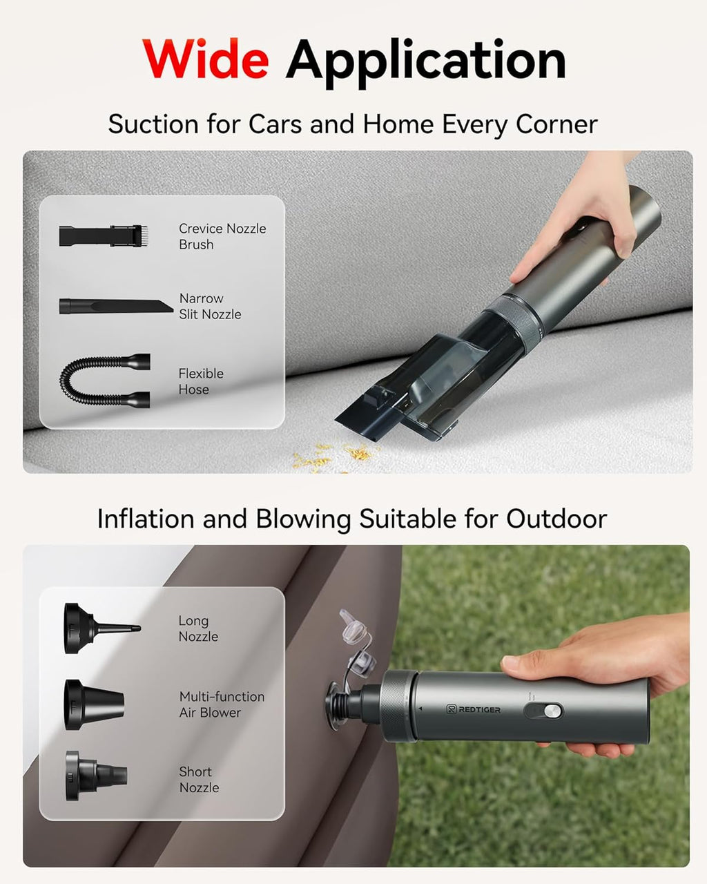 REDTIGER Cordless Car Vacuum - 21000PA Portable Handheld Cleaner with 70 Min Runtime | Fast USB-C Charge, Lightweight 4-in-1 Design