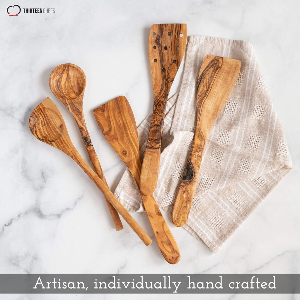 Tramanto Olive Wood Utensil Set - 5 Piece Spatula and Spoon Wooden Cooking Tools, 12 Inch Long, Rustic Hand Made with Gift Box