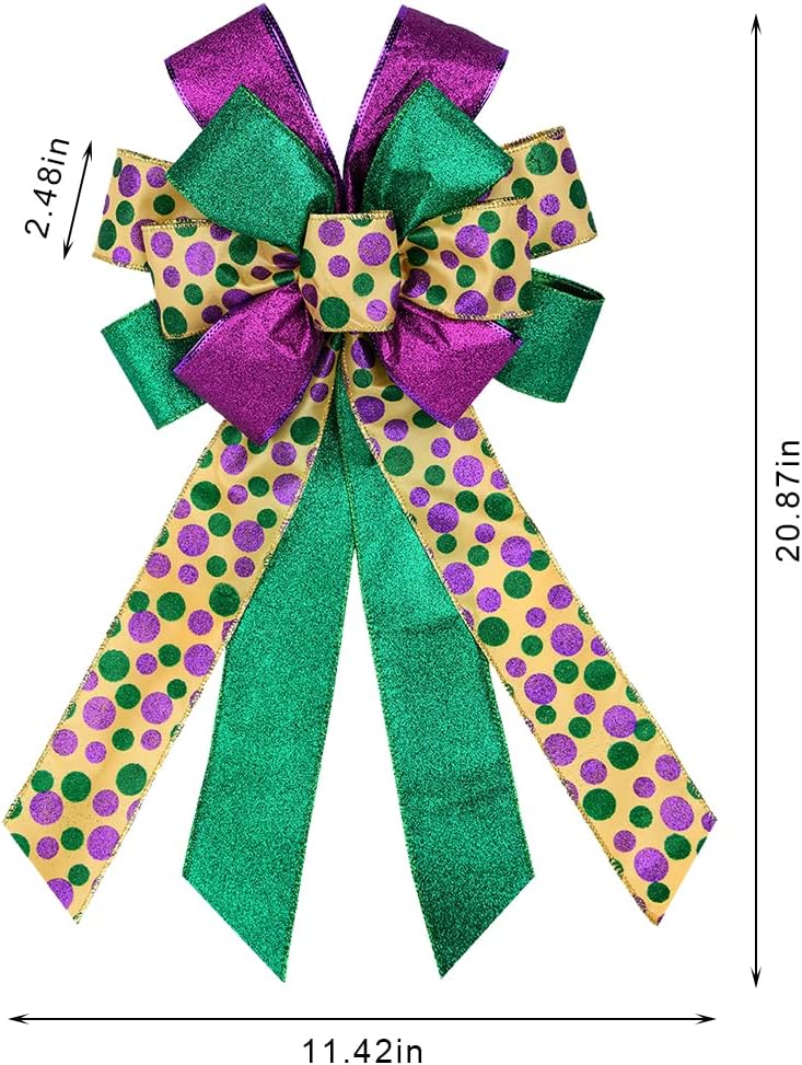 Purple Green Glitter Mardi Gras Wreath Bows by Mardi Gras - Large Decorative Bow for Indoor/Outdoor Decor