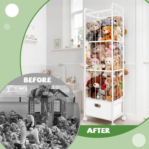 Puppiluv Stuffed Animal Storage, Metal Stuff Animals Zoo Holder with Fabric Drawer and Wheels Tall Vertical Plushies Toy Organizer Plush Storage Cage with Elastic Band for Nursery Playroom Corner