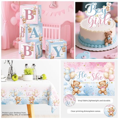 cocomigo 232pcs Bear Gender Reveal Decorations Complete Party Set, He or She Baby Gender Reveal Decorations, Boy or Girl Bear Theme Party Supplies, Serves 20 Guests