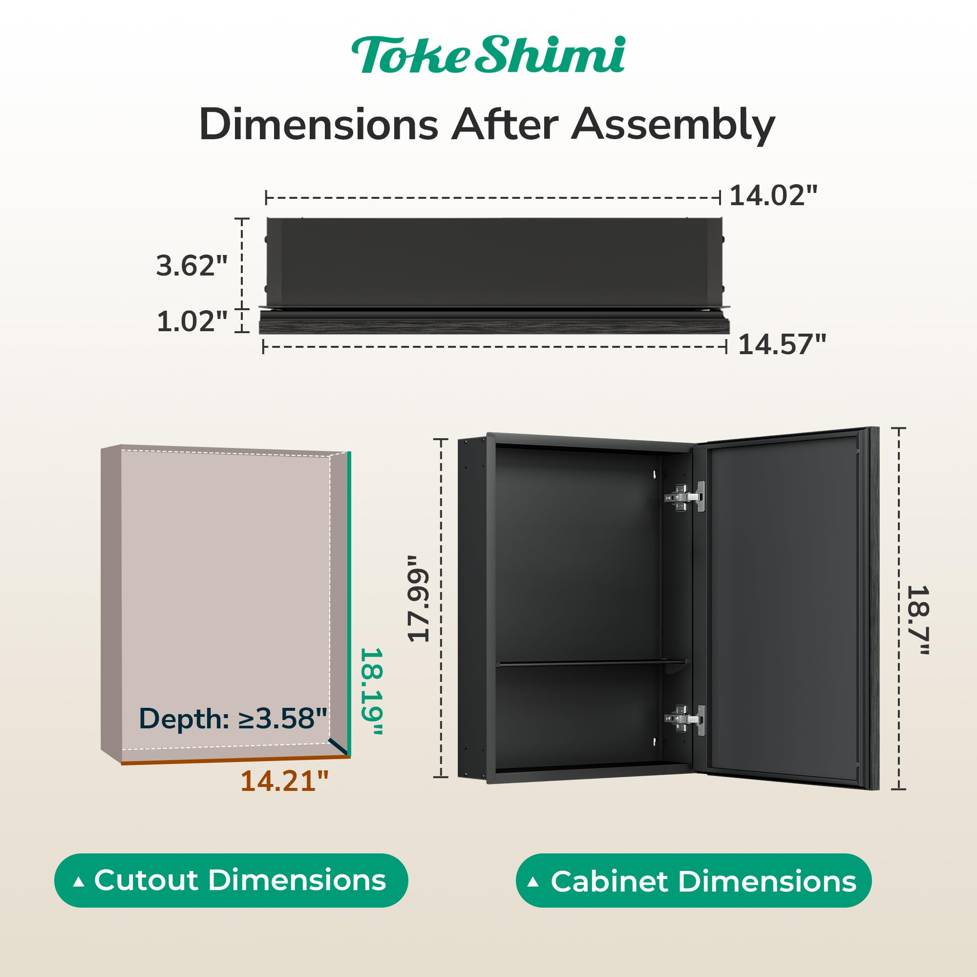 TokeShimi 14x18 Bathroom Medicine Cabinet with Mirror, Assembly Required, Black Recessed Medicine Cabinet, 1 Stepless Adjustable Shelves, Beveled Aluminum Frame, Tempered Glass