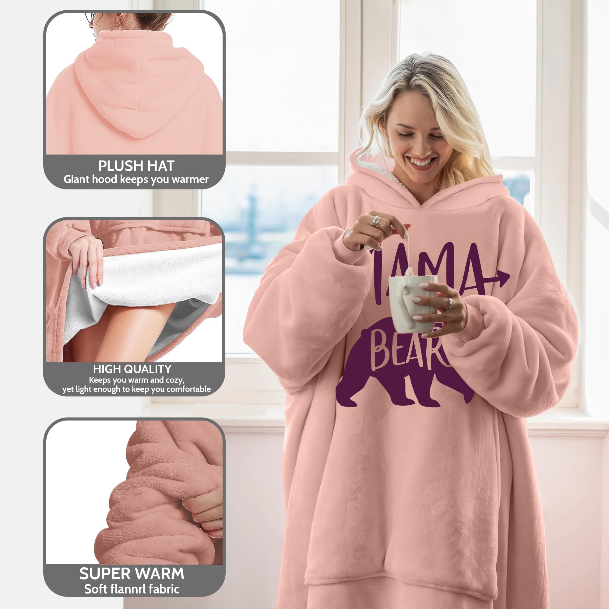 Warmstorey Mama Bear Hoodie Blanket, Mama Bear Gifts For Mom, Pink Blanket Hoodie Gift From Husband - Mothers Day Gift From Daughter Son - Wife Birthday Gifts, Gifts For Wife Women