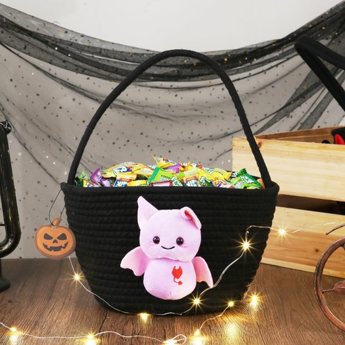 Qinthory Halloween Candy Basket for Kids – Cotton Rope Trick or Treat Bag with Black Cat Design, Reusable Halloween Candy Bucket for Boys and Girls (purple)
