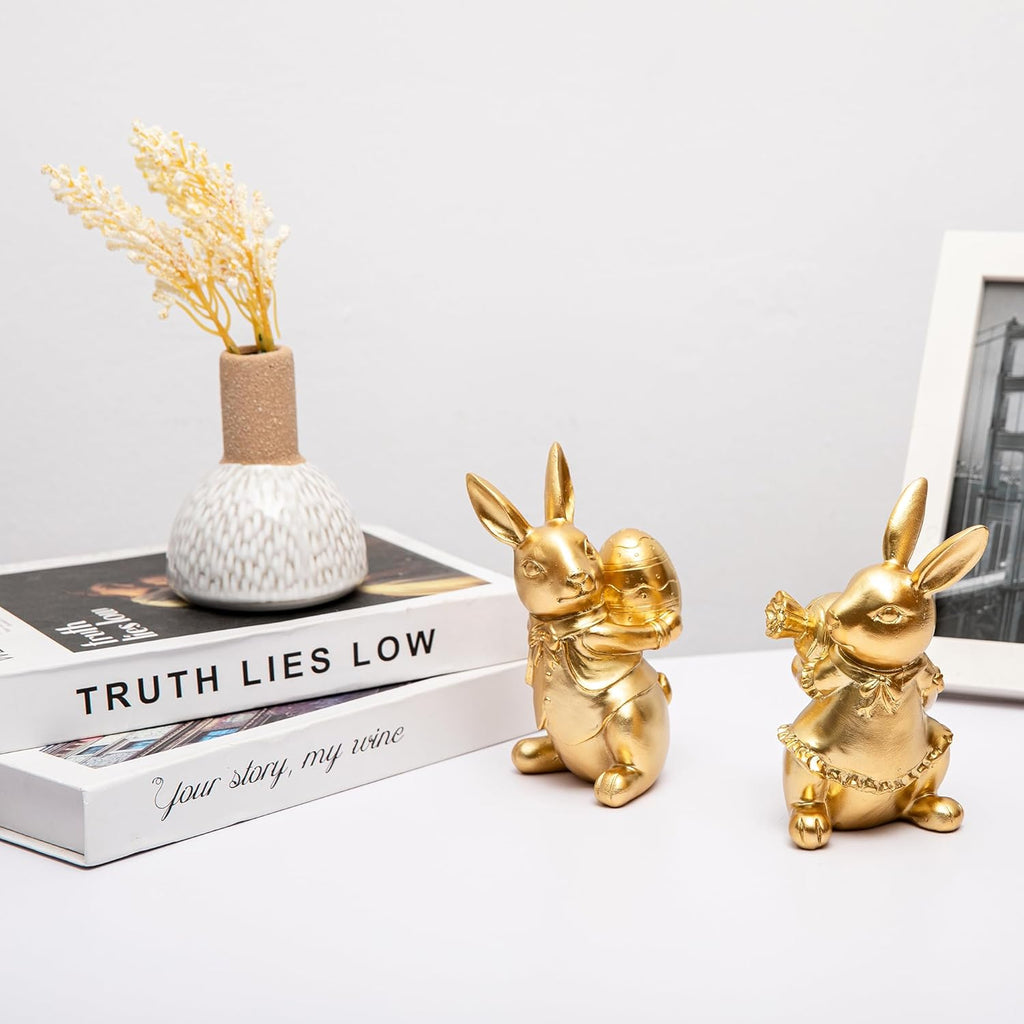 Steviieden Bunny Decor Set of 2 - Cute Gold Rabbit Figurines for Spring Easter Home Decorations
