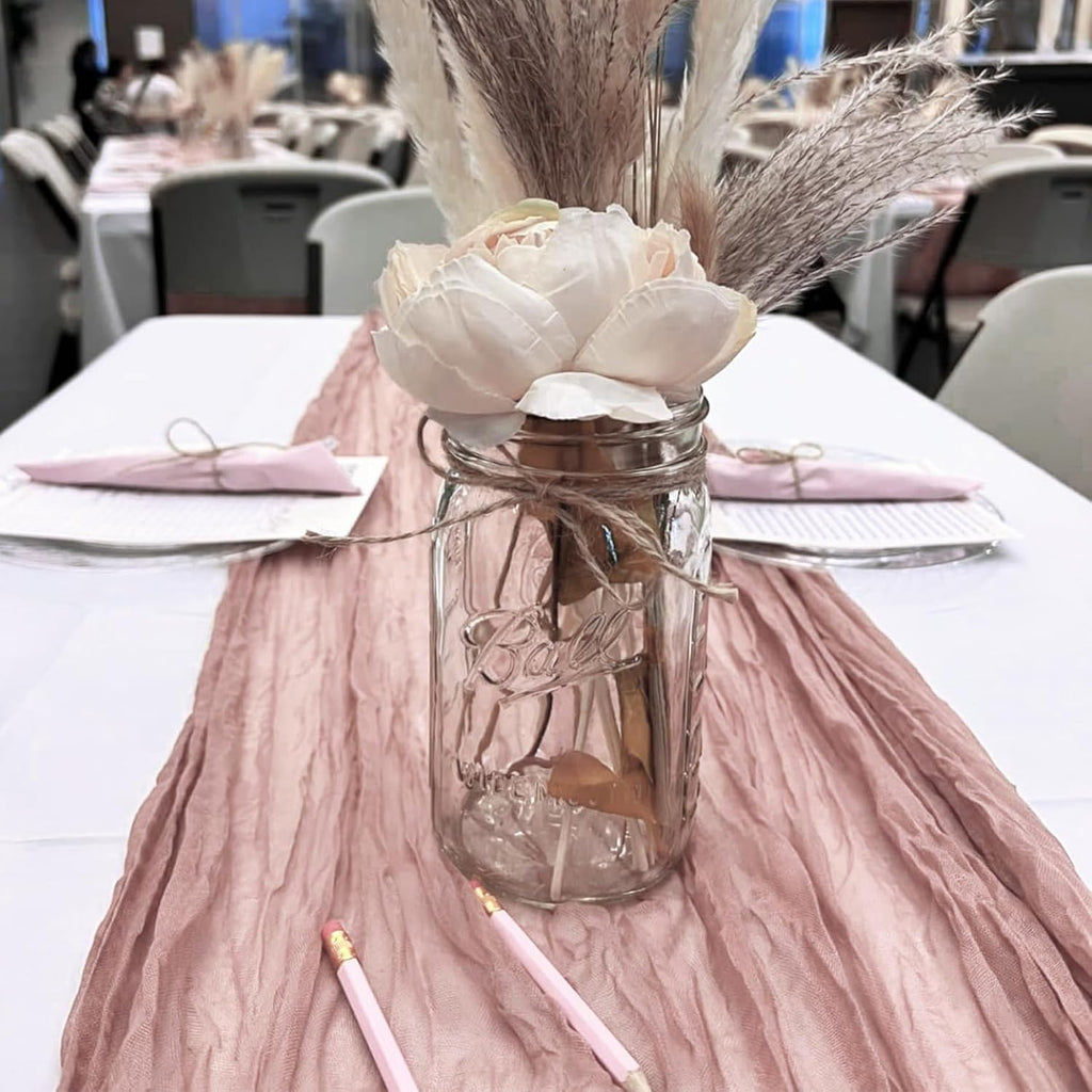 Skiennix Dusty Pink Cheesecloth Table Runner - 10FT Boho Vintage Gauze for Weddings & Events
