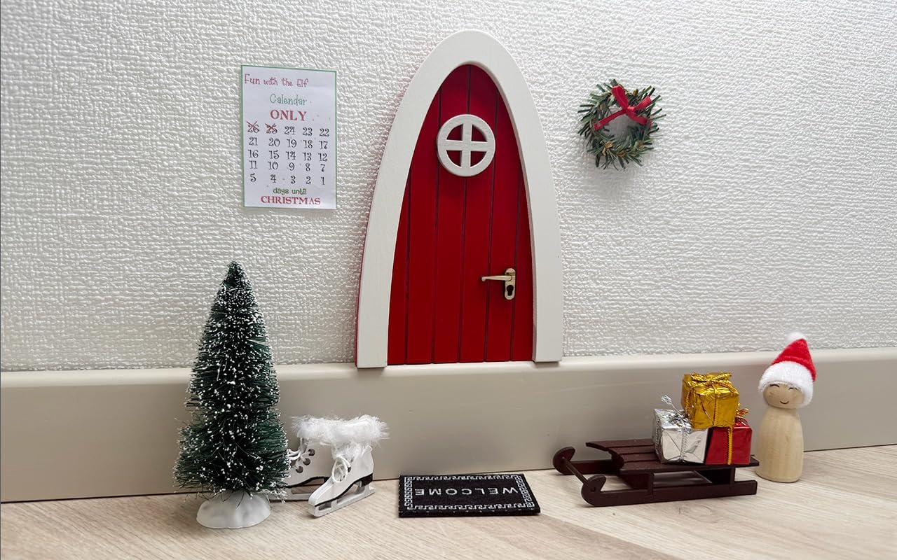 Tonttuovi Christmas Elf Door Kit - Wooden Elf Door with Accessories, Mini Tree & Wreath | 24 Days of Fun Activities