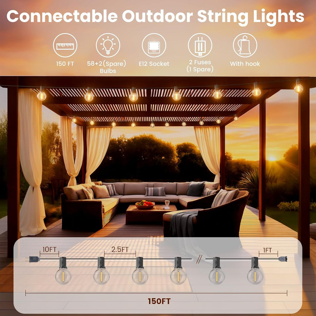 RTTY Outdoor String Lights - 150 FT Waterproof G40 Shatterproof LED Bulbs | Dimmable Globe Lighting for Patio, Bistro, Backyard, and Cafe - Warm White