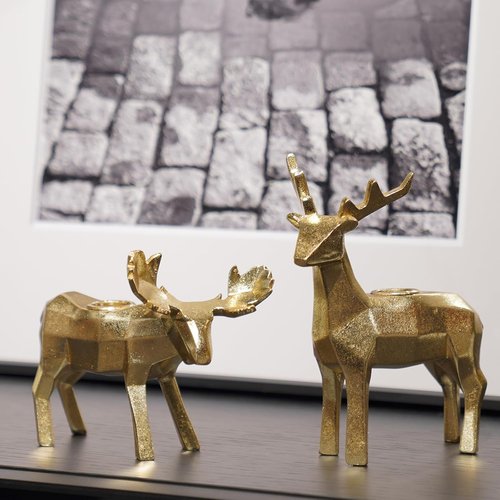 Braxio Candle Holder Set - Elegant Resin Origami Gold Reindeer & Moose | Set of 2 for Holiday Decor