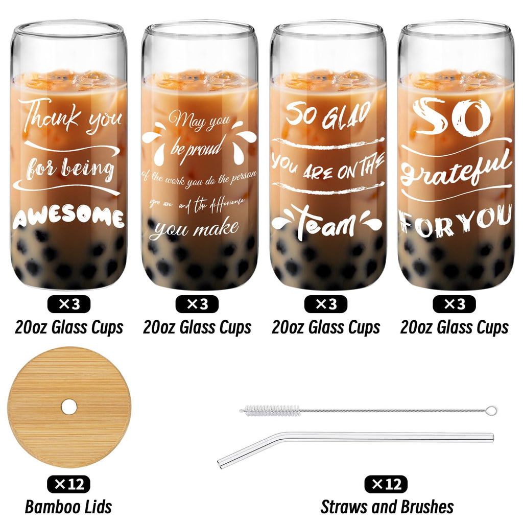 12 Set Employee Appreciation Gift, Inspirational Thank You for Women Best Friends, Teacher, Nurse, Boss, Staff - Farewell for Coworkers, 20oz Glass Cups With Lids and Straws (Mixed)