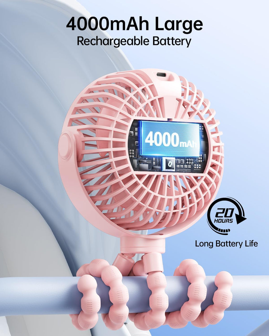 Sweetfull Portable Stroller Fan - 4-Speed Rechargeable Mini Clip-On Fan with LED Display | 360° Rotation (Pink)