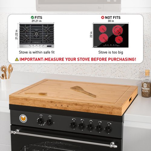 Bamboo Stove Cover for Gas & Electric Burners, 28.82”x20.83”x2.12'' (Inner) Noodle Board with Handles, Cutting Board with Juice Groove, Serving Tray (Natural Bamboo)