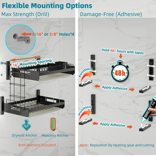Besamery Hanging Wall Mounted Dish Drying Rack Set with Detachable & Removable Layer*2, Hook*4, Drain Tray*2, Apartment & RV Wall Mounted Dish Rack, Adhesive Mountable, Length: 15.9", Washable (Black)