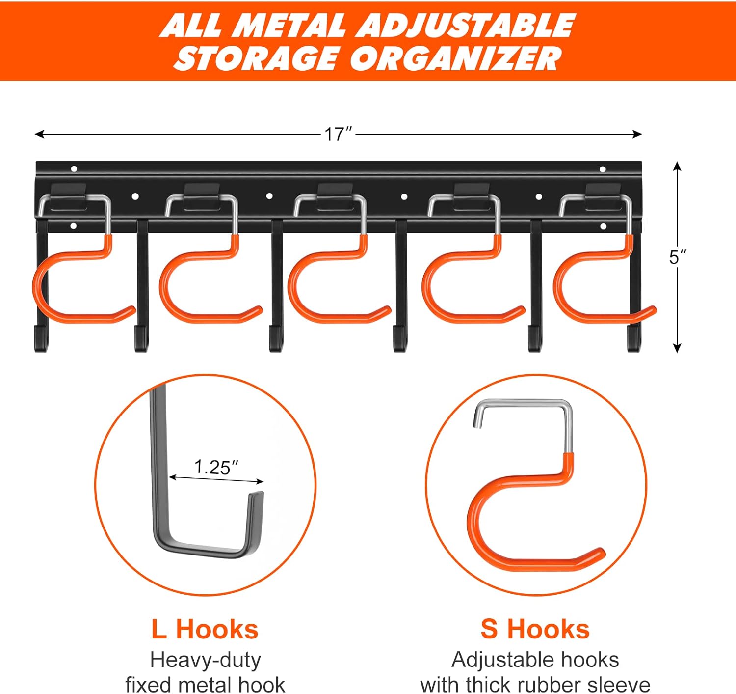 TVKB 51'' Metal Garden Tool Organizer - Adjustable Wall Mount Storage with Heavy-Duty Hooks