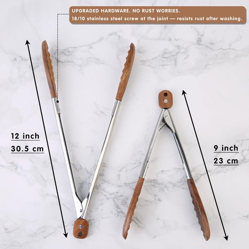Kitchen Tongs Set - 9" & 12" Anti-Slip Long Wooden Cooking Tongs for BBQ, Grilling, Salad Tossing & Serving - Heat Resistant, Non-Stick Stainless Steel Handles with Hanging Hole