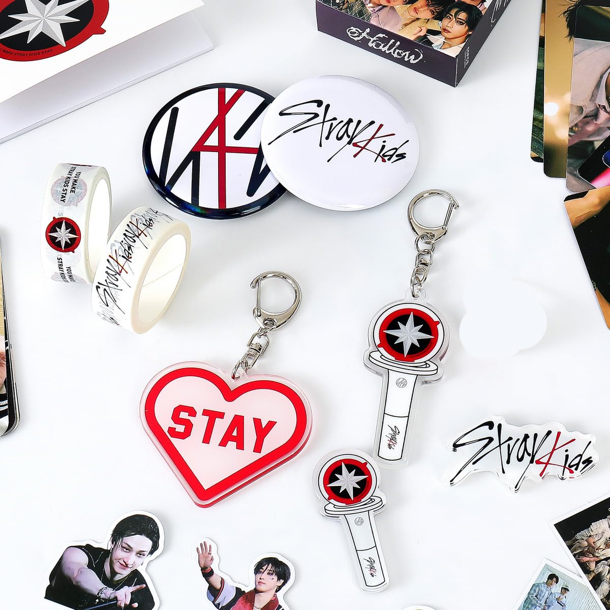 Yanmzmin Stray Merch Gifts Set, Including 55 Postcards, 96 Stickers, 2 Keychain, 2 Pins, 2 Paper Tape, 2 Fridge Magnet, ID Badge Holder, Pocket Notebook and Pendant for Skz's Stays Fans Gifts