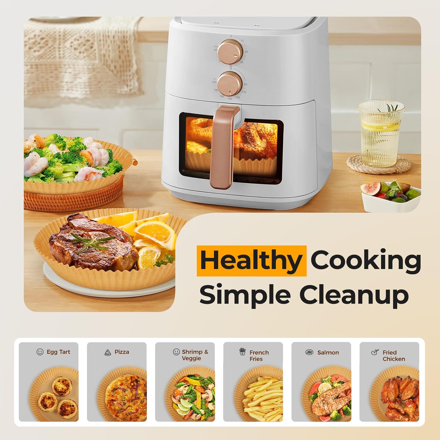 Skiennix Air Fryer Paper Liners - 125 Pcs Non-Stick Parchment Baking Sheets | 8-Inch Round Size