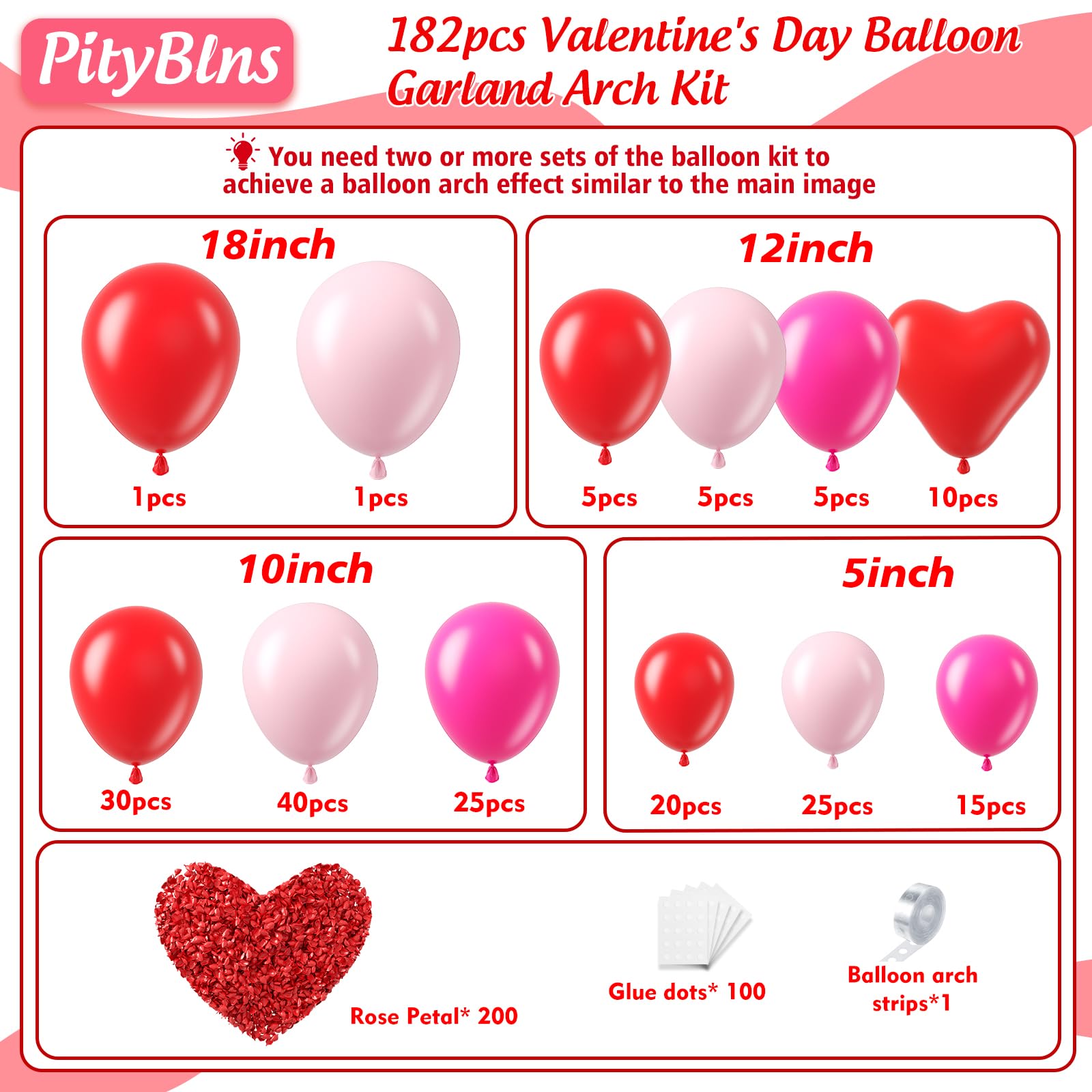 PityBlns Valentine's Day Balloon Arch Kit - 382Pcs Rose Petals Red Heart Balloons Red and Pink Latex Balloons Garland Kit for Valentines Day Galentines Wedding Engagement Anniversary Party Decorations
