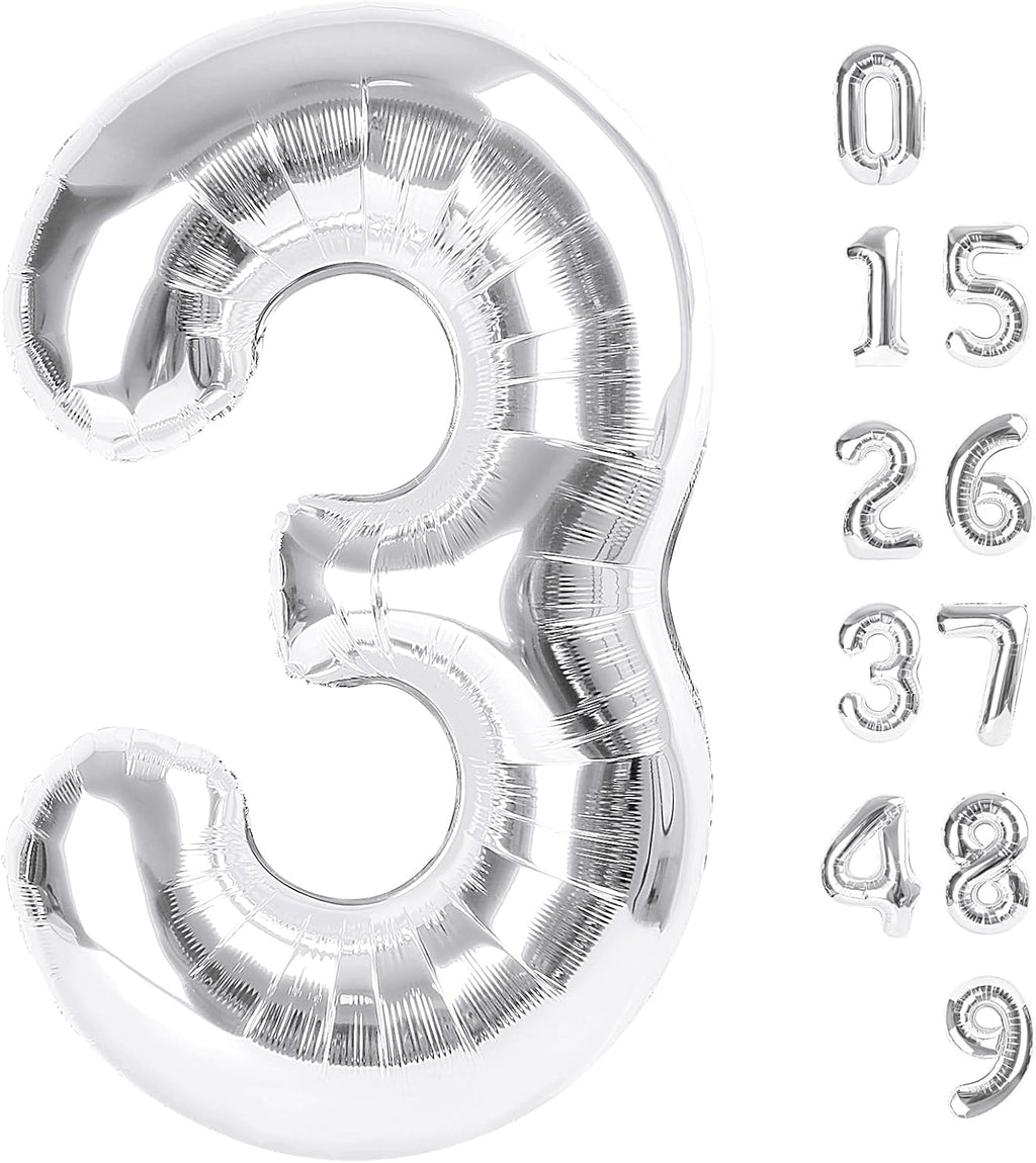 Numbers Balloon - 40 Inch Large Silver 3 Balloon for Birthday Party Decor | Perfect for Three-Year-Old Celebrations