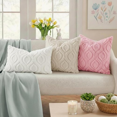 decorUhome Throw Pillow Covers - Soft Plush Faux Wool Beige | Set of 2, 18x18 Inch Square Accent Pillows