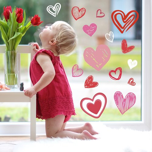 JarThenaAMCS 9 Sheets Valentine Wall Stickers Love Heart Wall Decals Large Room Mural Stickers for Wedding Anniversary Party, 7.9 x 11.8 Inch