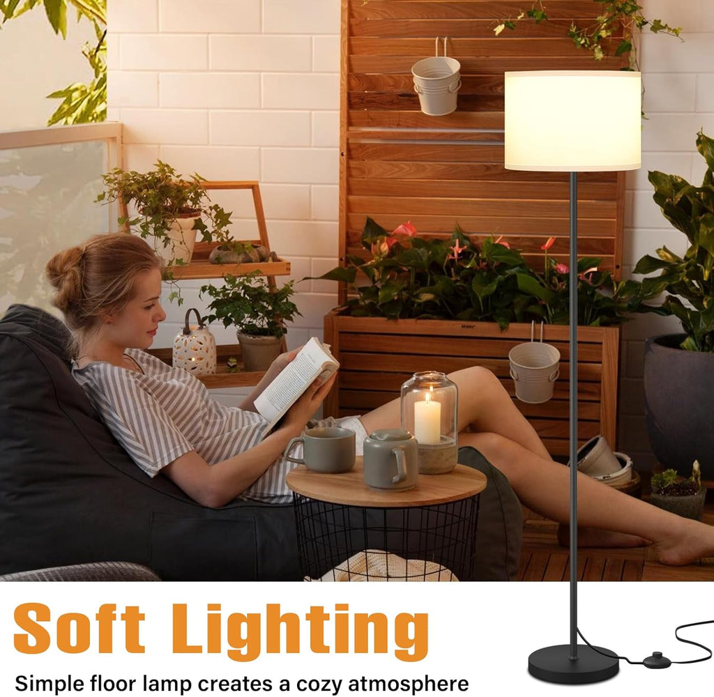 Skiennix Modern Floor Lamp - Simple Design with White Shade & Foot Pedal Switch | 60" Tall Black Pole Lamp for Living Room, Bedroom, Office, Dining Room, Kitchen