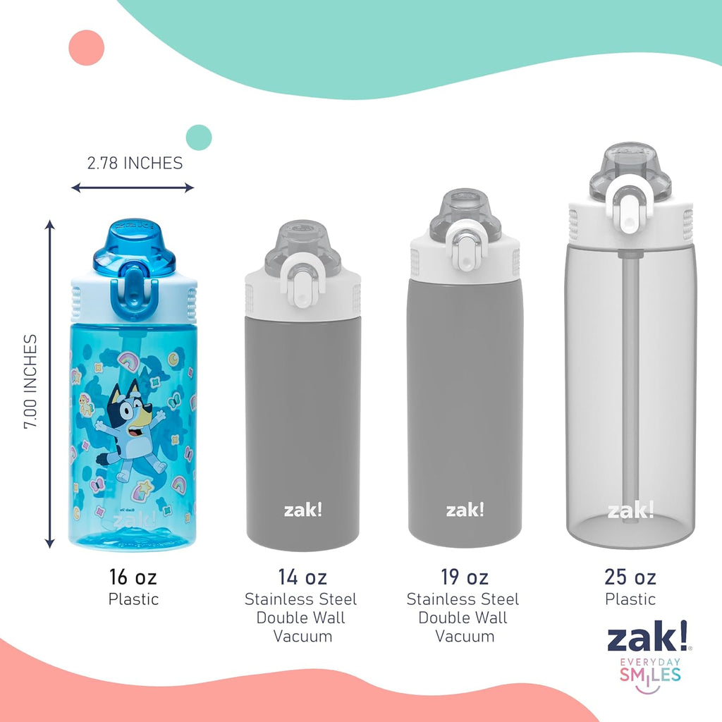 Zak Designs Bluey Sage Kids Water Bottle - 16oz Durable Plastic with Straw & Leak-Proof Cover | 2-Pack Set