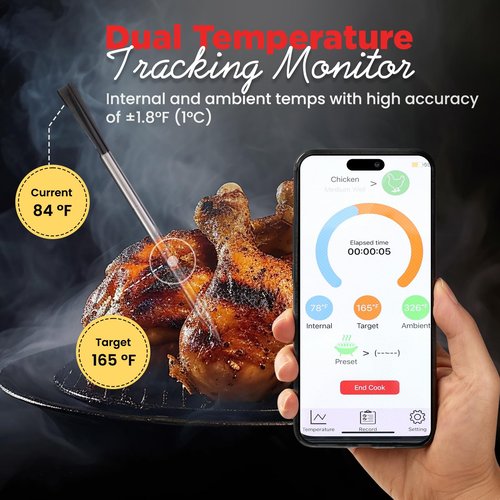 Cookerfy Meat Thermometer Digital Wireless –IP67 Waterproof, 48h Battery Life, Grill Thermometers with 820ft Range, Rechargeable Probe, Bluetooth Wireless Meat Thermometer for BBQ, Smoker, Oven