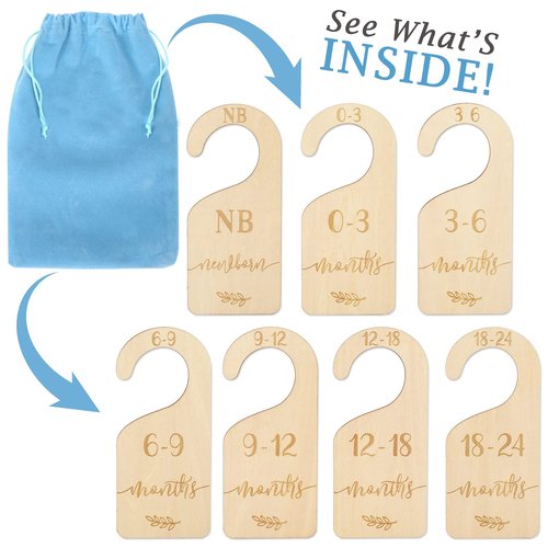 Whaline Wooden Baby Closet Size Dividers Set of 7 Wardrobe Hanger Organizer from Newborn to 24 Month Nursery Decor Dividers with Blue Velvet Bag Design for Home Nursery Infant Baby Clothes