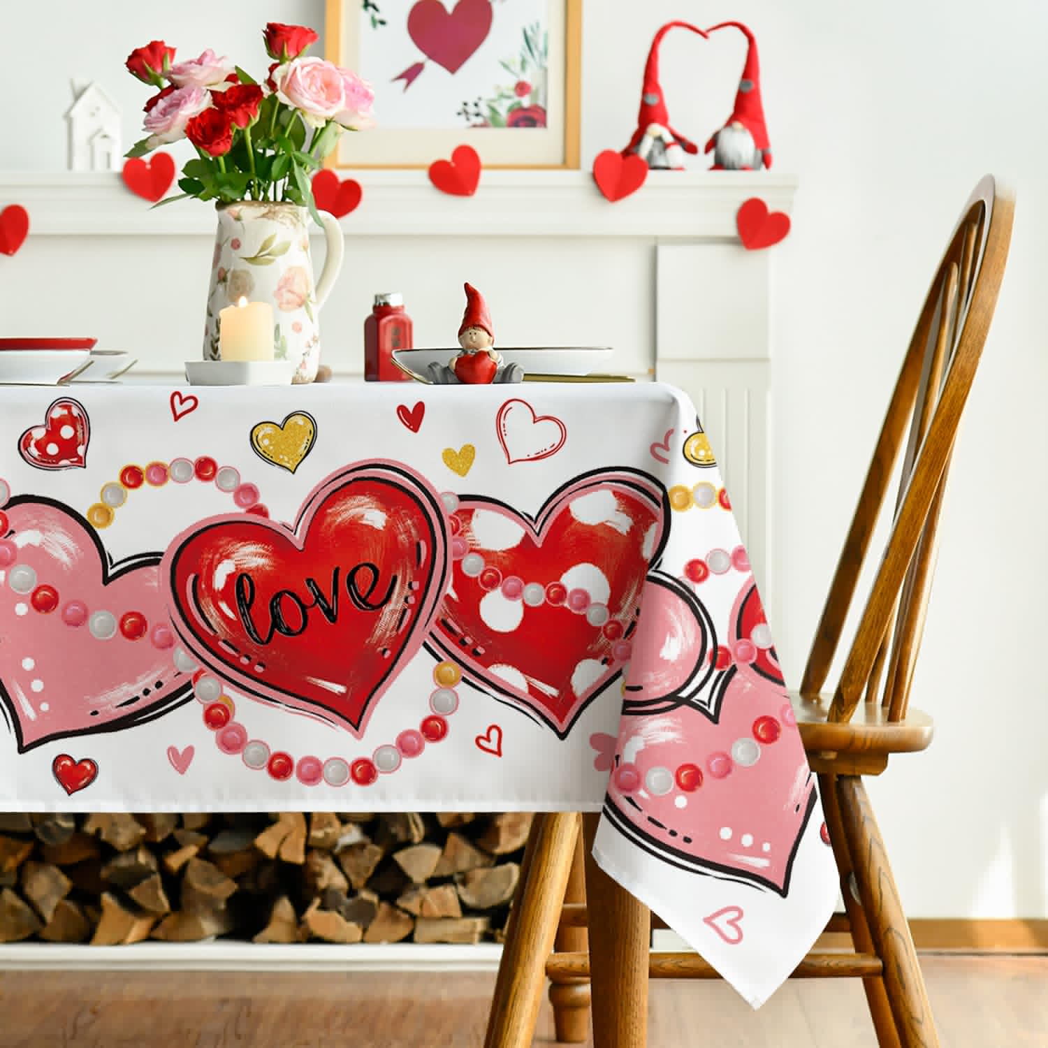 Horaldaily Valentine Tablecloth 60×84 Inch Rectangular, Love Hearts Red Washable Table Cover for Party Picnic Dinner Decor