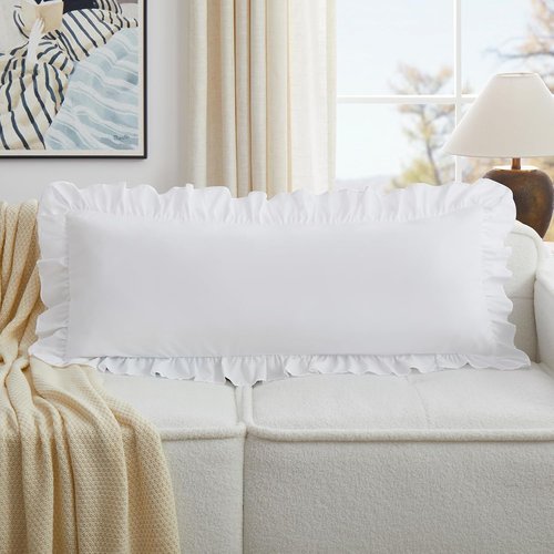 KKJIAF White Lumbar Pillow Cover - Soft Microfiber Ruffled Sham for Couch & Bed | 14x36 Inch
