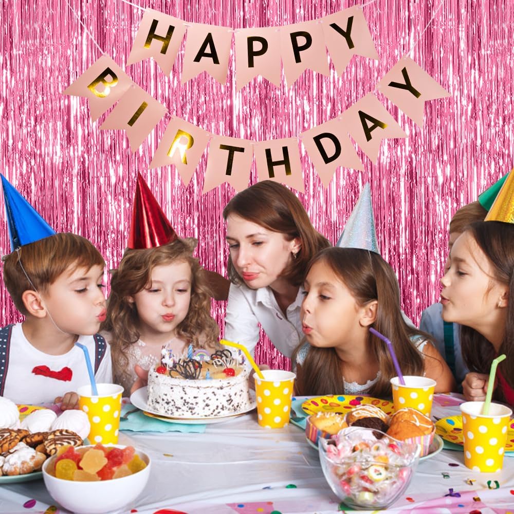 Skiennix Pink Metallic Foil Curtain Backdrop - 5 Pack Tinsel Fringe for Parties & Celebrations