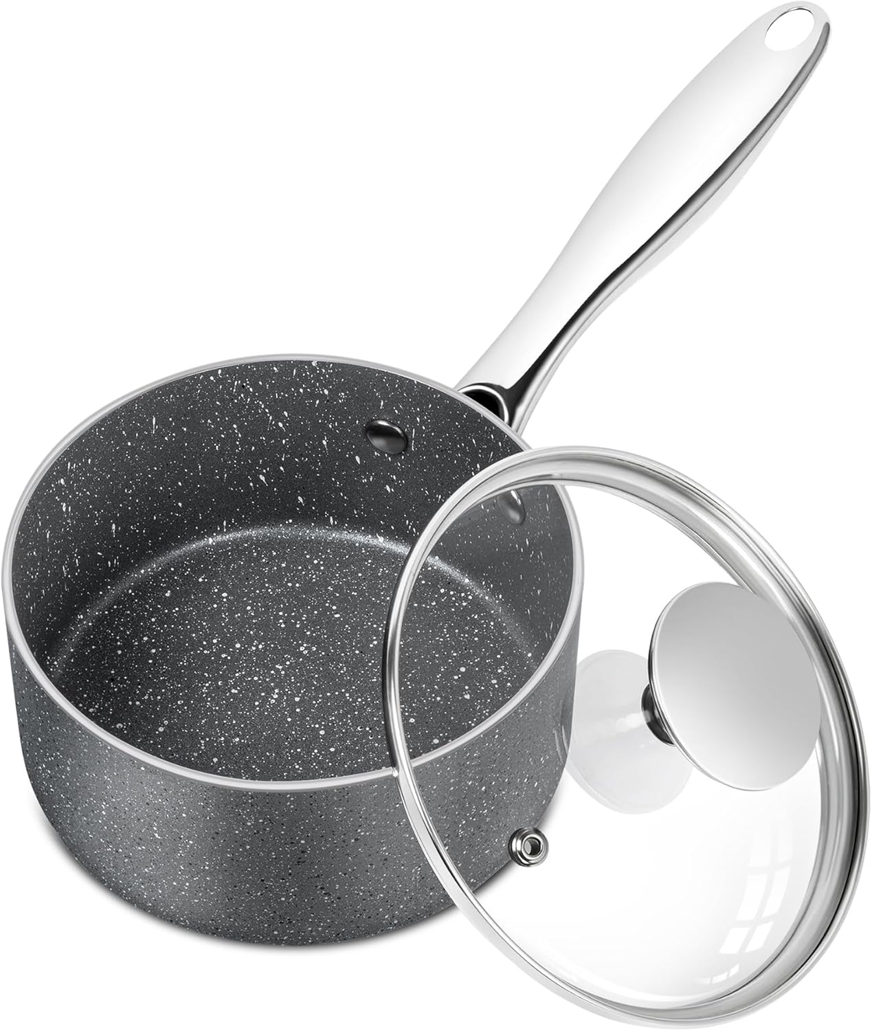 MICHELANGELO Nonstick Sauce Pan with Lid - 1 Quart Granite Cookware with Stainless Steel Handle | Grey