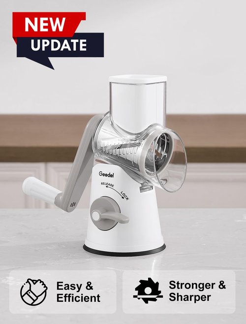 Geedel Rotary Cheese Grater Cheese Shredder with 5 Interchangeable Blades - Upgraded Rotary Grater Featuring Strong Suction Base for Cheese Shredding, Wavy Slicing, Nut Grinding, and Ice Shaving
