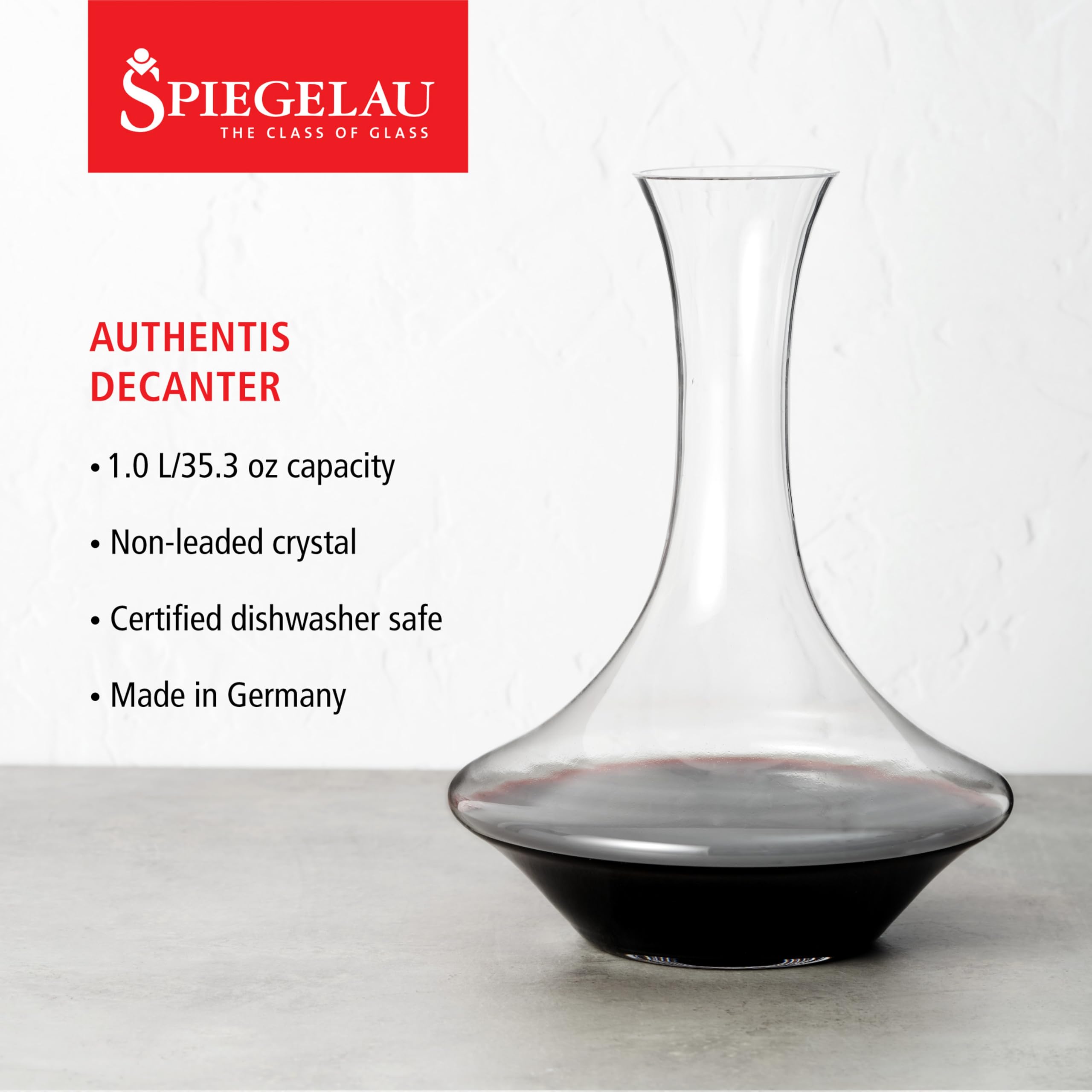 Spiegelau Authentis Crystal Wine Decanter, Modern Carafe for Red and White Wine, Elegant Glass Pitcher for Wedding Gifts, Housewarming, Home Bar Accessories, 35.3 oz (1 Liter), Set of 1