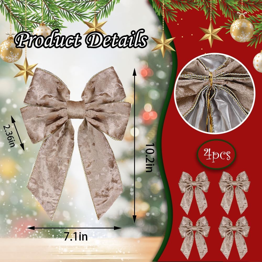 Skiennix Christmas Wreath Bows - 4 Pieces, 7" x 10" Champagne Farmhouse Decor for Front Door & Tree