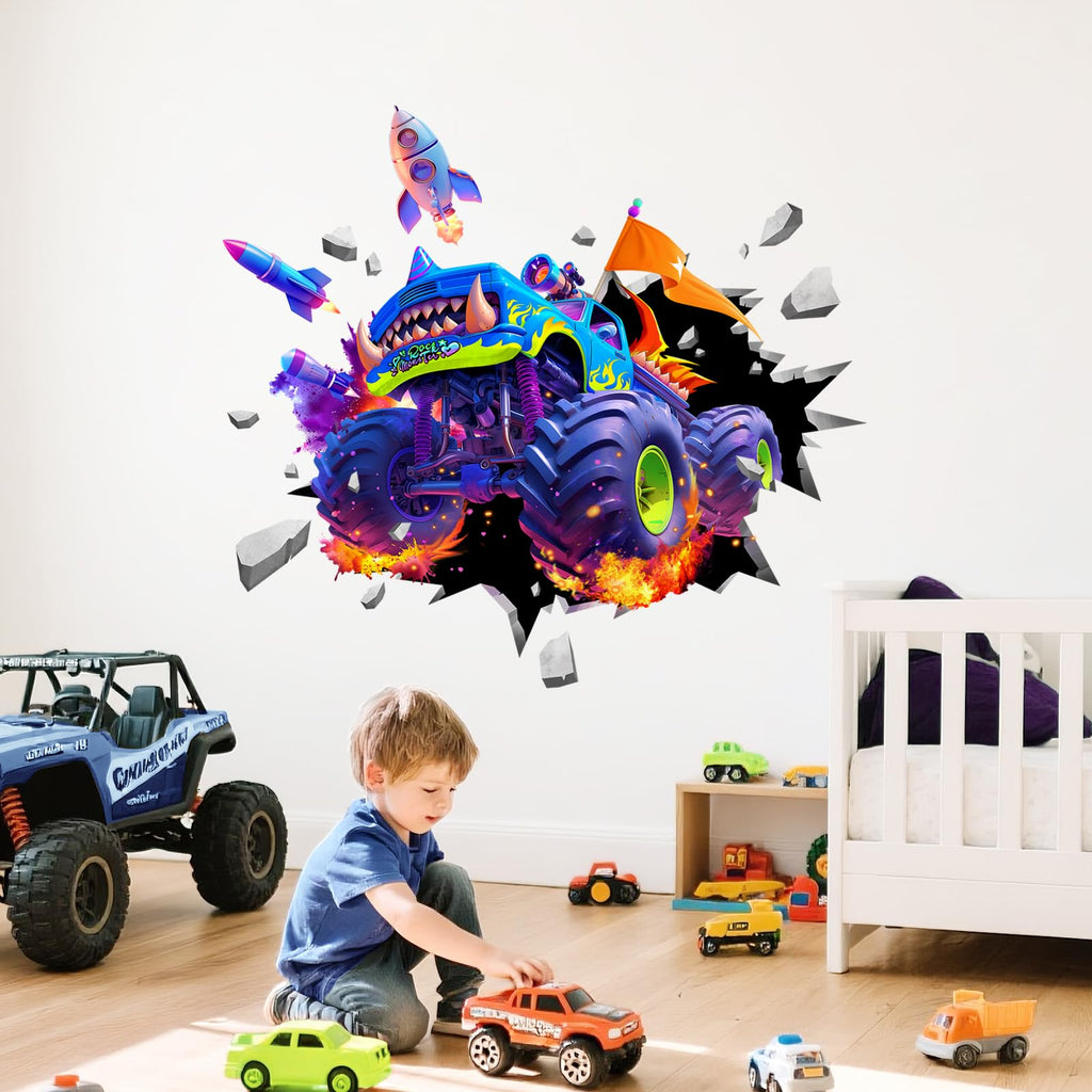 Supzone Monster Truck Wall Decals for Boys, 3D Racing Car Break Through The Wall Vinyl Wall Sticker for Kids Bedroom Nursery Playroom Classroom