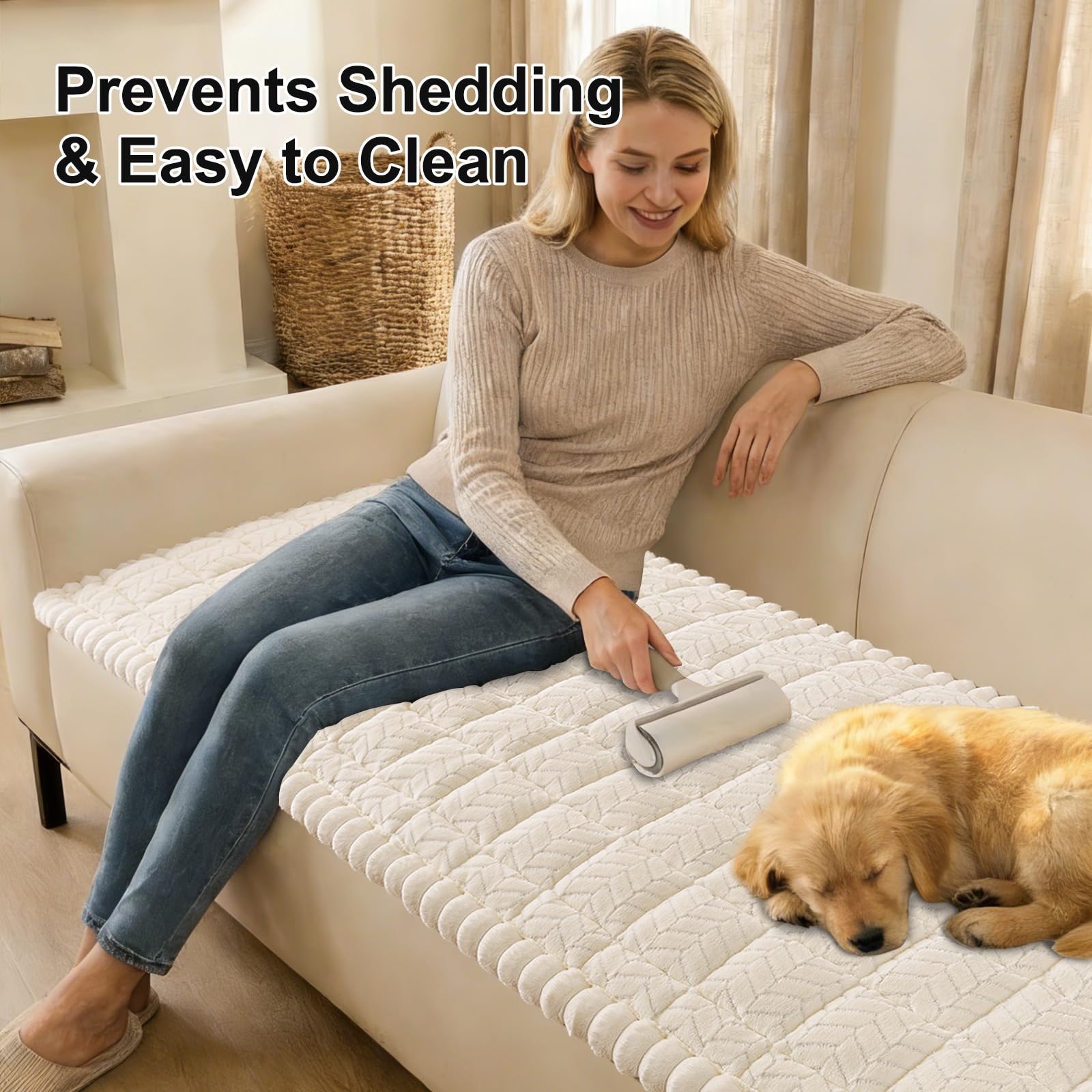 Smiry Non Slip Couch Covers for Dogs, Fuzzy Pet Couch Covers for 2-3 Cushion Sofa Pet Friendly, Soft Sofa Slipcovers Cushion Furniture Protector Washable (Beige, 27.6" x 59")