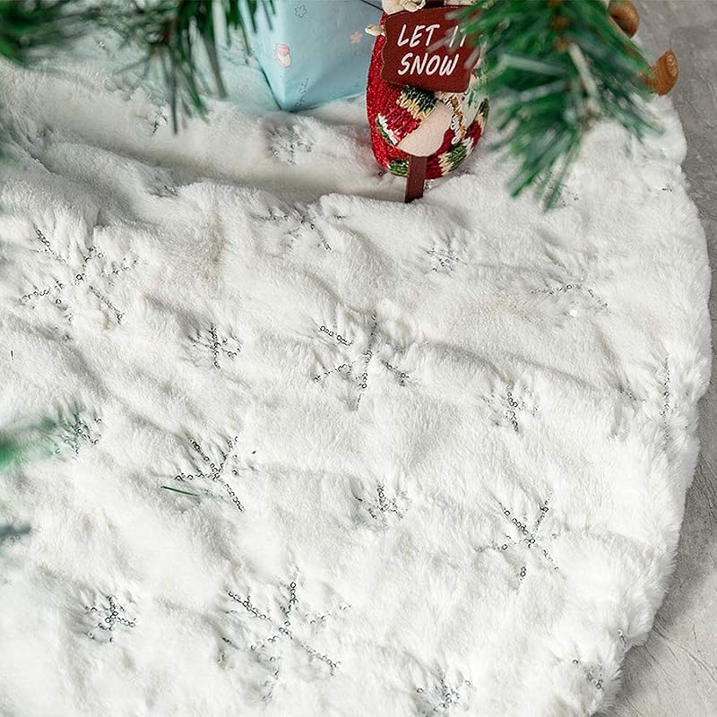 Luxury Snowy White Plush Christmas Tree Skirt 57 Inches with Silver Snowflakes