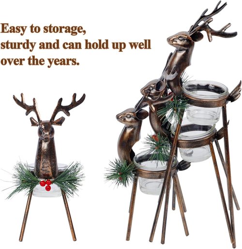 Juegoal Reindeer Tealight Candle Holders Set - Durable Iron Metal Christmas Decorations | Glass Votive Centerpiece
