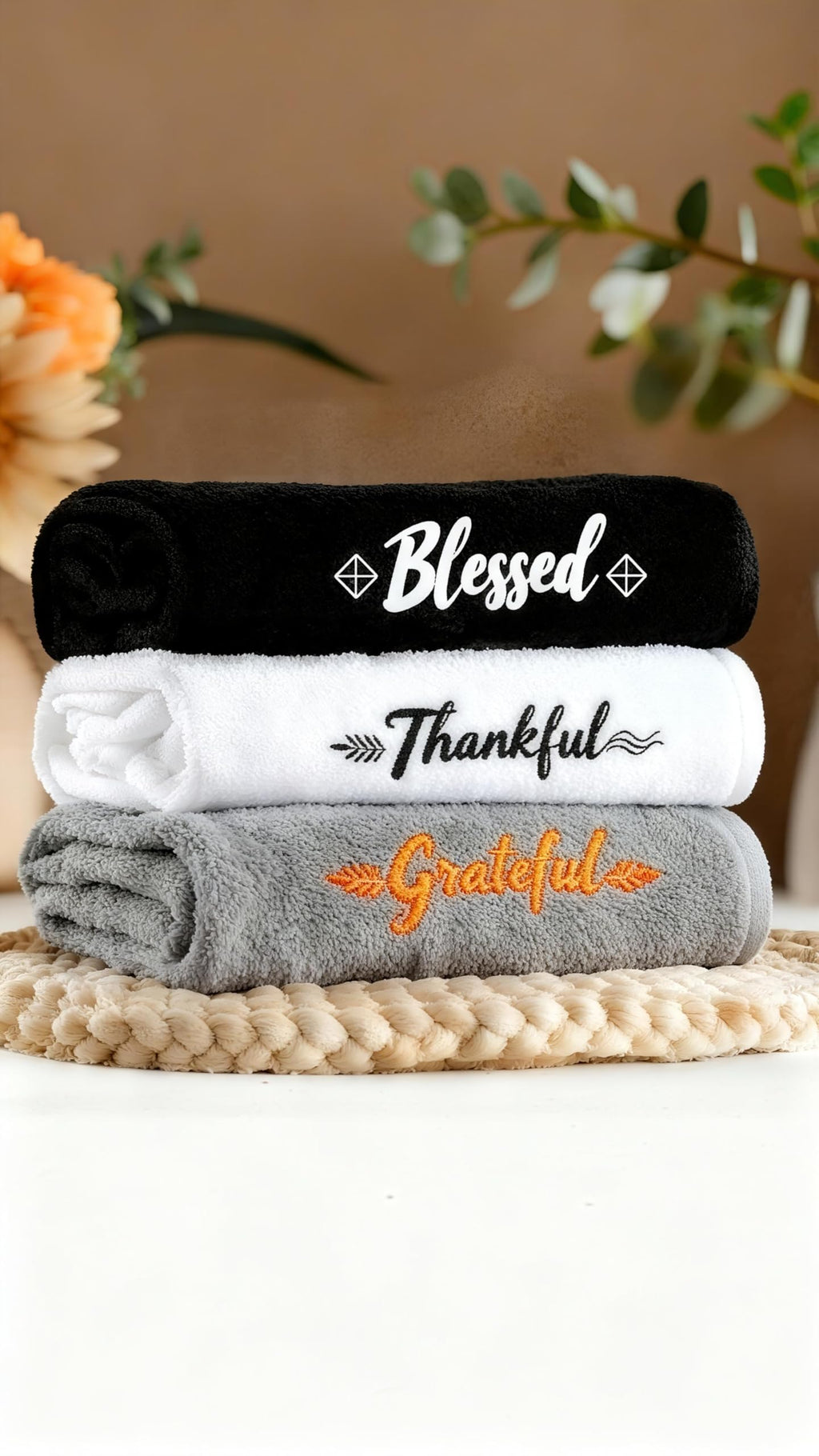 QBrand 3 Pcs Farmhouse Bathroom Decor Hand Towels 14x29 Inch Cotton Bath Towels Rustic Embroidered for Boho Kitchen Decor Inspirational Christian Gift (Blessed Thankful Grateful-C)