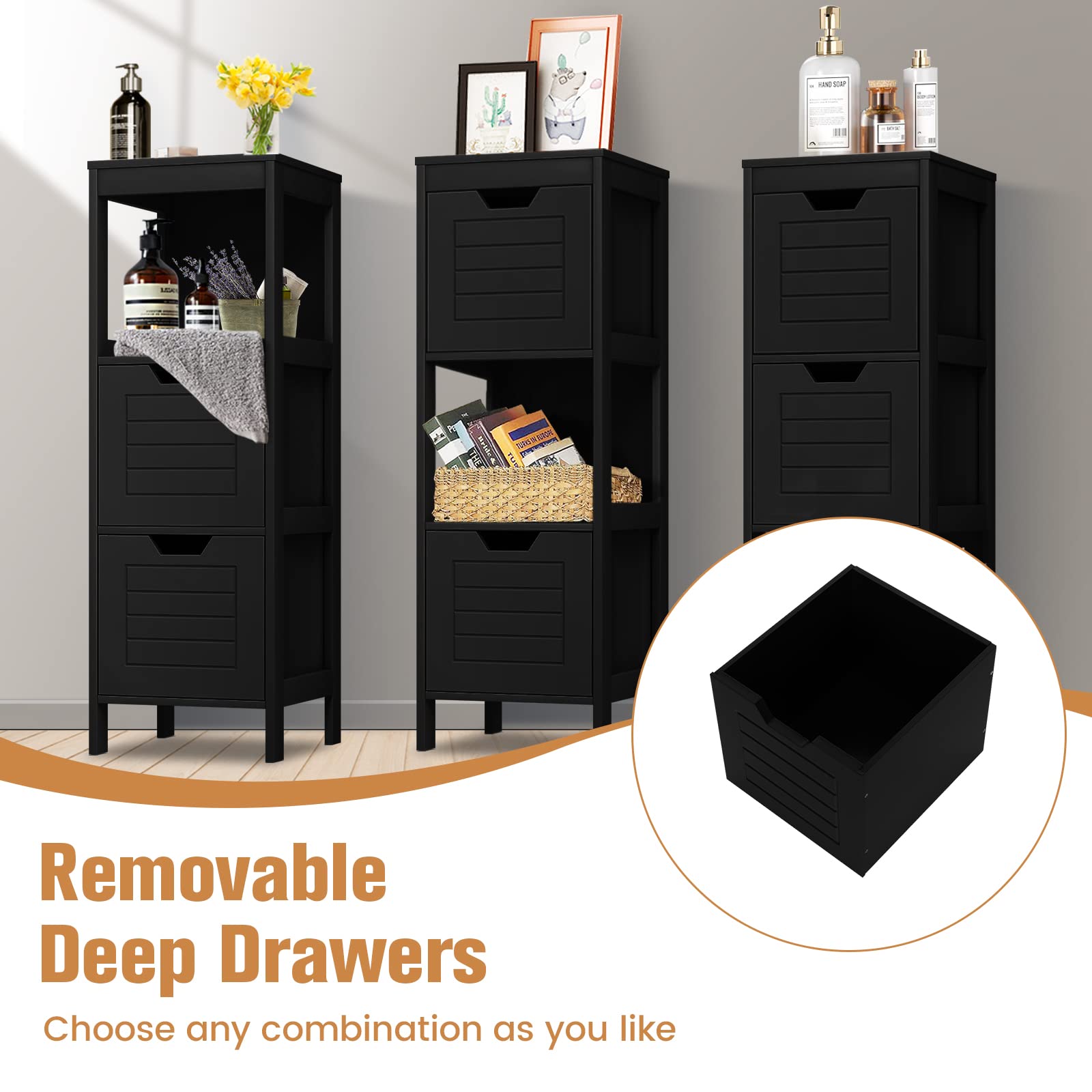 COSTWAY Bathroom Storage Cabinet, Freestanding Wooden Side Storage Cabinet with 2 Adjustable Drawers, Space-Saving Floor Cabinet for Living Room Bathroom Bedroom Entryway (Black)