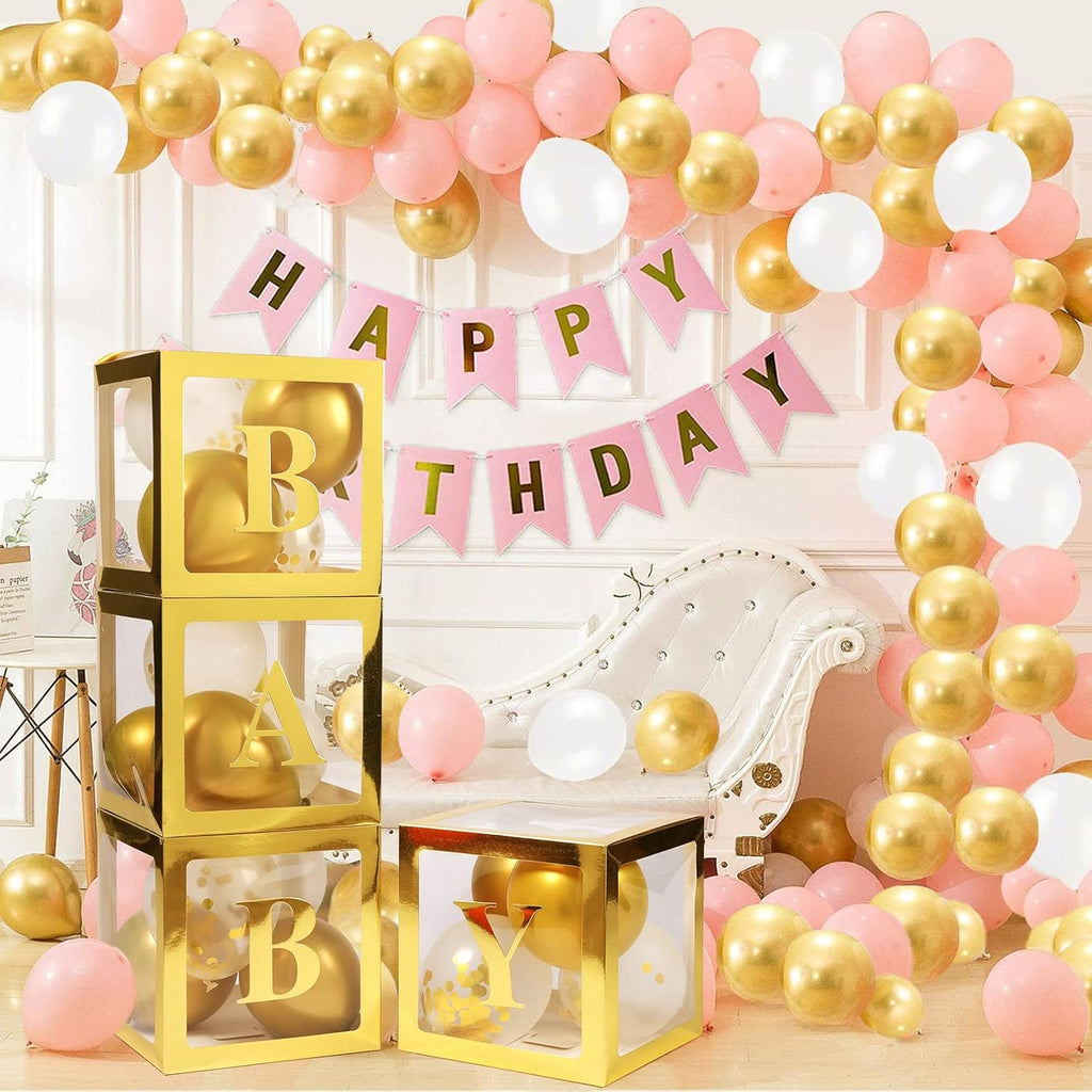 Voircoloria Baby Boxes - 4 Transparent Balloon Boxes with Letters for Baby Shower & Gender Reveal (Gold)