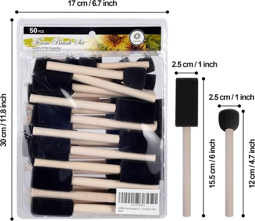Conda Foam Brush Set - 50 Pack Assorted Sizes 0.5"-2" | Lightweight, Durable for Acrylics & Varnishes