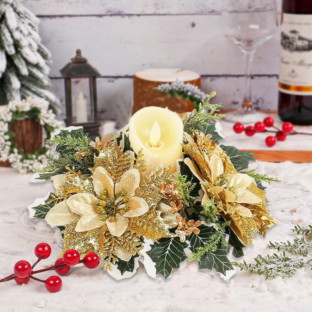 Regine Switzerland Christmas Candle Rings - Artificial Gold Floral Wreath with Holly Leaves | Holiday Table Decor