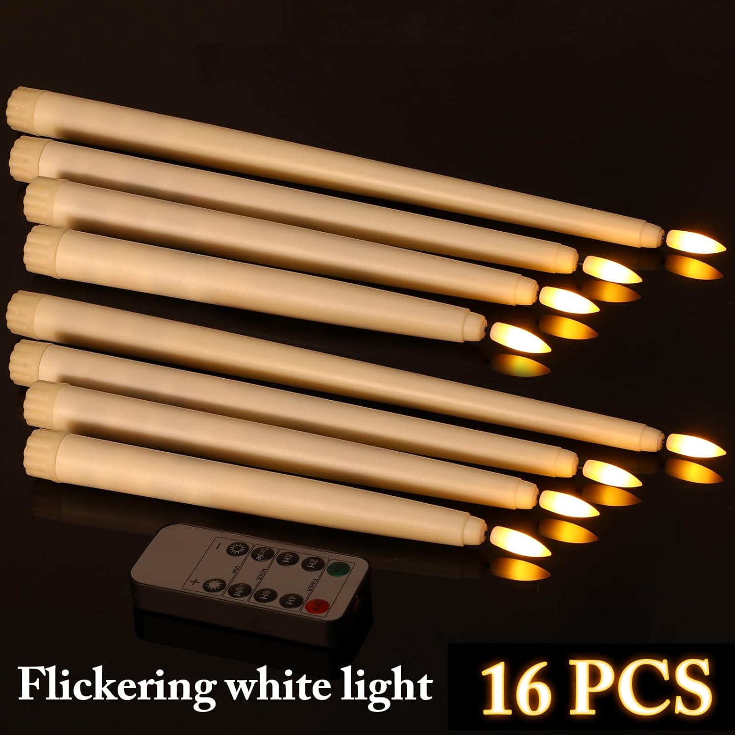 Rossesay Flameless Taper Candles - 16 Pcs Battery Operated with Remote Timer | Ivory LED Flickering for Weddings & Parties