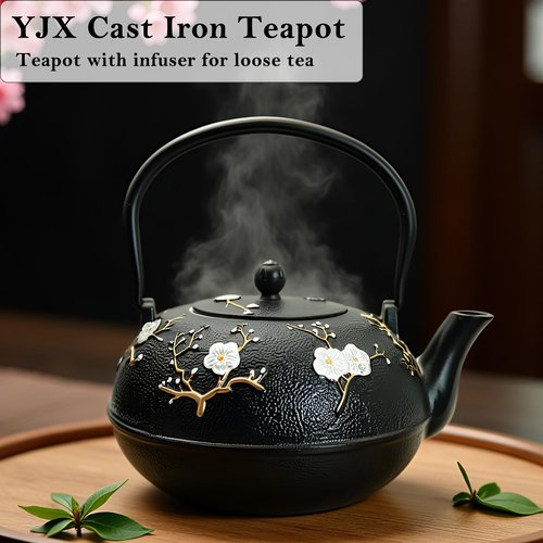 YJX 60.9oz Large Cast Iron Teapot for Stovetop, Japanese Tetsubin, Heavy and Durable Tea Pot, Tea Kettle with Stainless Steel Infuser for Loose Tea, Floral Pattern(1800ML)