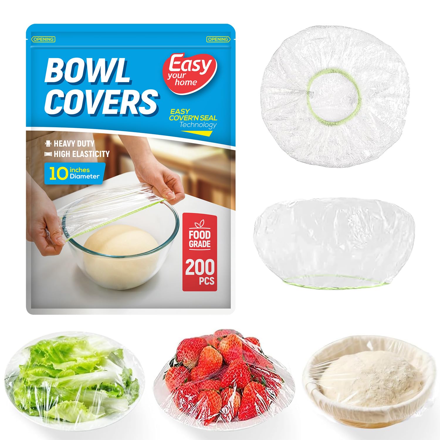 200PCS 10Inch Bowl Covers Reusable, Food Cover Dish Covers, Elastic Stretch Food Storage Lids, BPA-Free Plastic Wrap for Sourdough Proofing Meal Prep Fresh Keeping