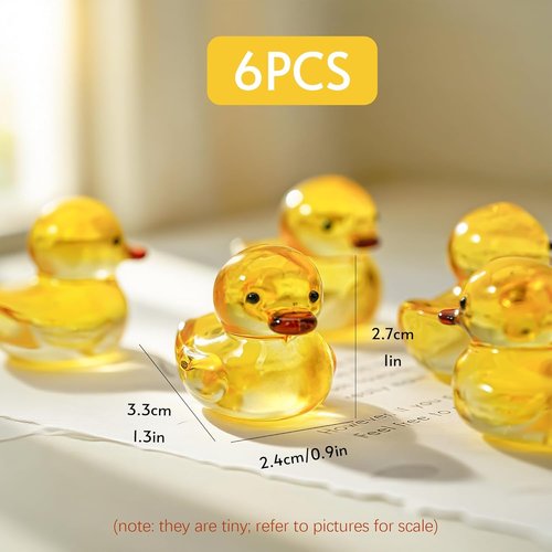 H&D Hyaline & Dora Mini Yellow Glass Duck Figurines - 6 Pcs Crystal Animal Sculptures for Home Decor | 1.3 Inch
